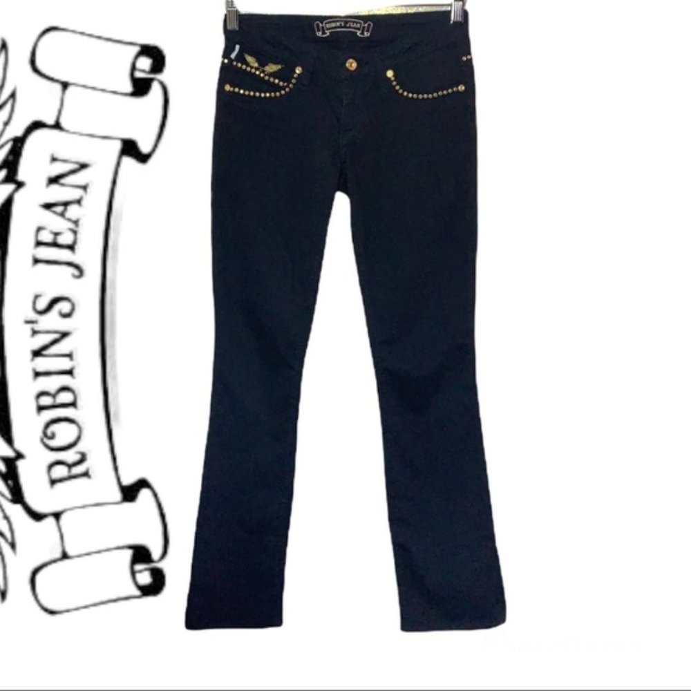 Robin’s Jeans Black with gold wings studded boot cut jeans size 25